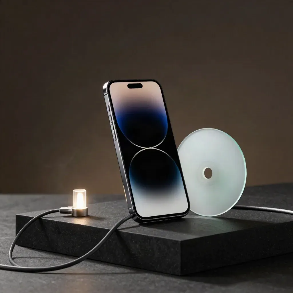 Dark glass smartphone beside a frosted disc and LED block with a mint alert glow.