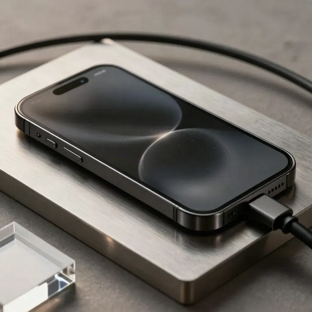 Macro graphite smartphone with rising chart trace on steel beside acrylic blocks and cable