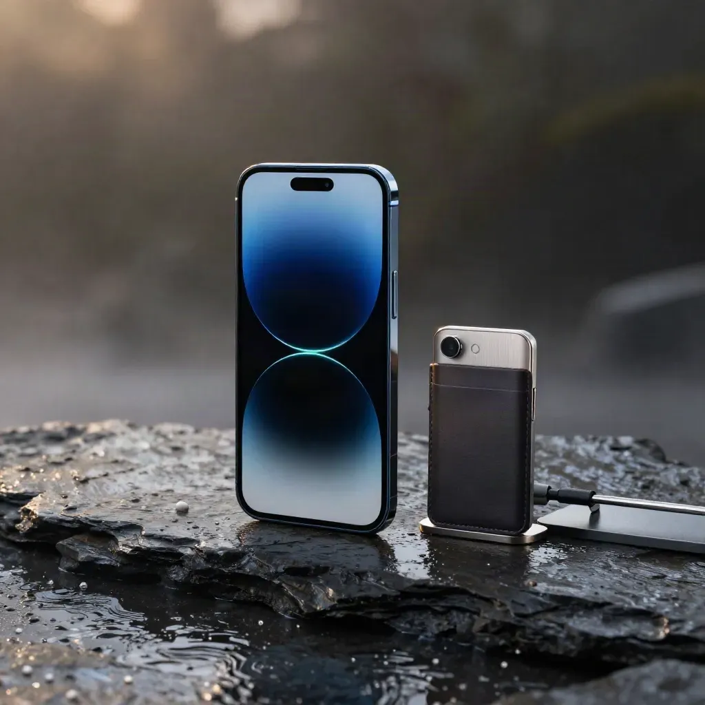 Flagship smartphone with abstract blue trading chart, charging puck, leather sleeve, and steel stand on wet slate.