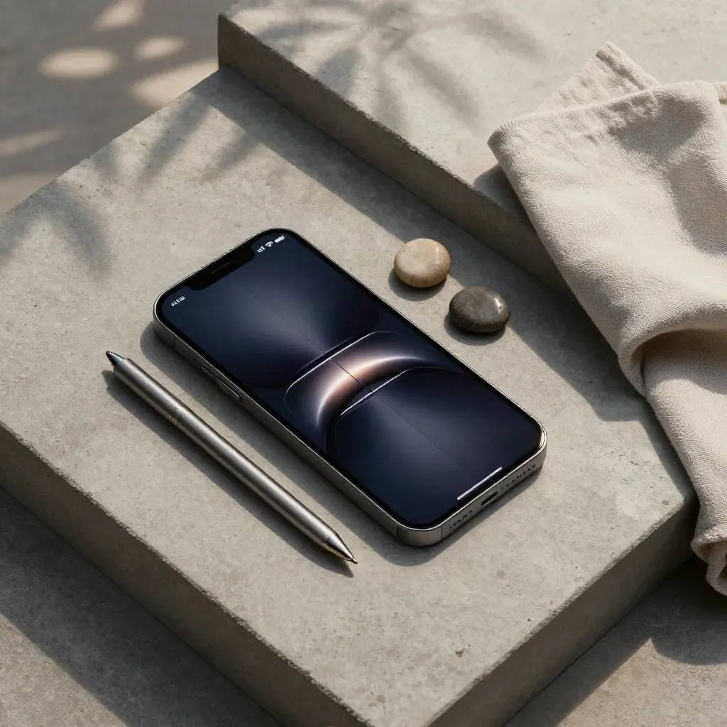 Overhead flatlay of a phone, steel pen, pebble tokens and folded cloth on concrete.