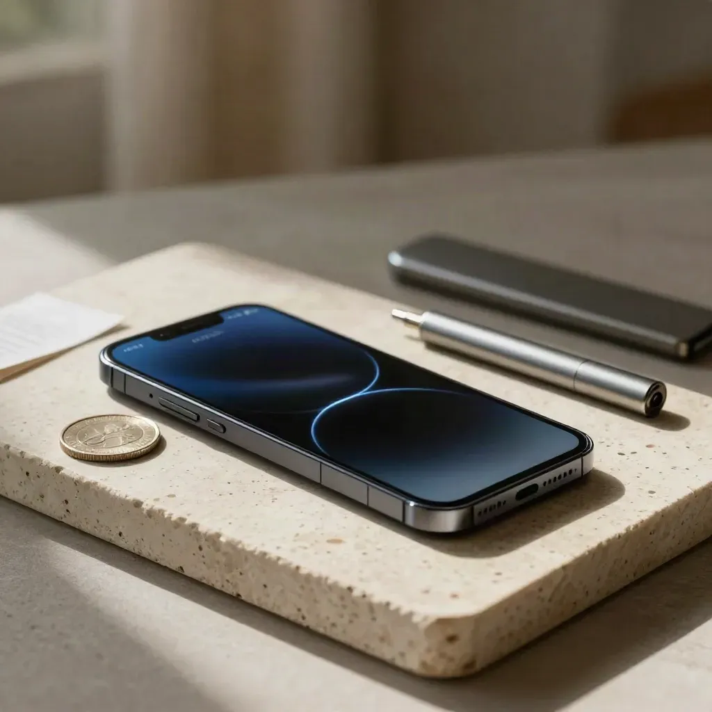 Unbranded trading phone on travertine tray with metal coin and blue order glow