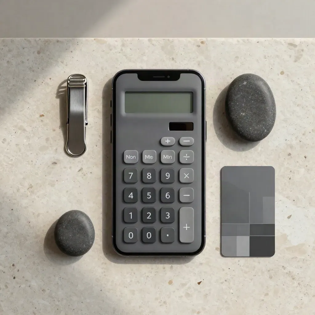 Overhead flatlay of a phone, block, pebble, clip, and portfolio card on travertine
