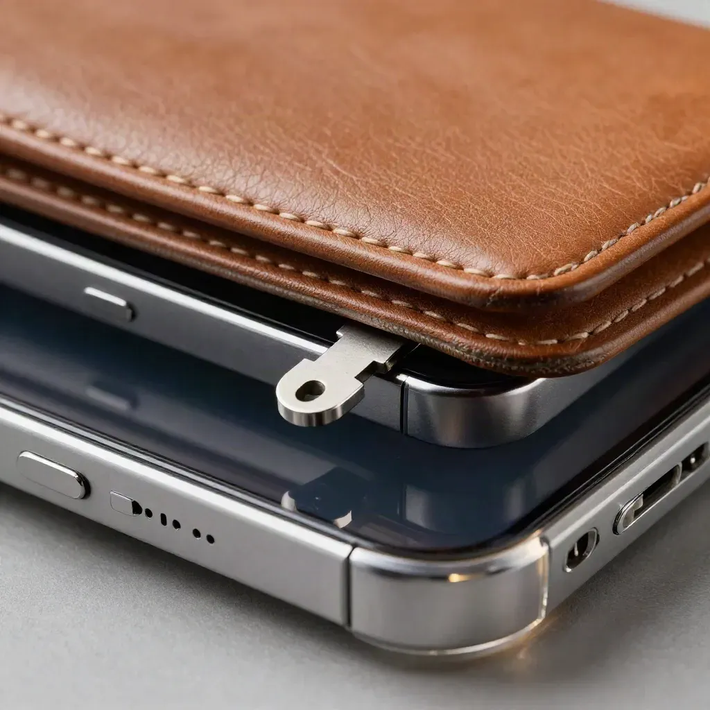 Macro smartphone in acrylic shell with key form and leather folio