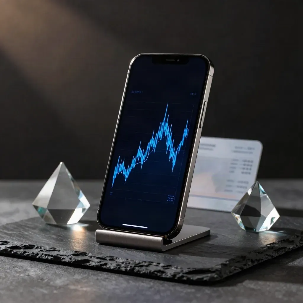 Tall smartphone with blue market chart, glass prisms and metal stand in a moody studio scene.