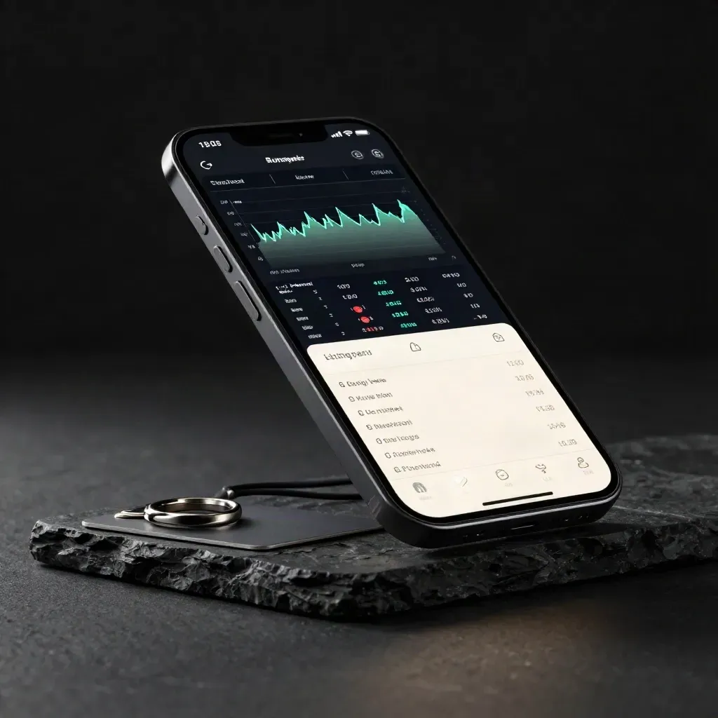 Angled smartphone on black stone with trading props in a dark studio