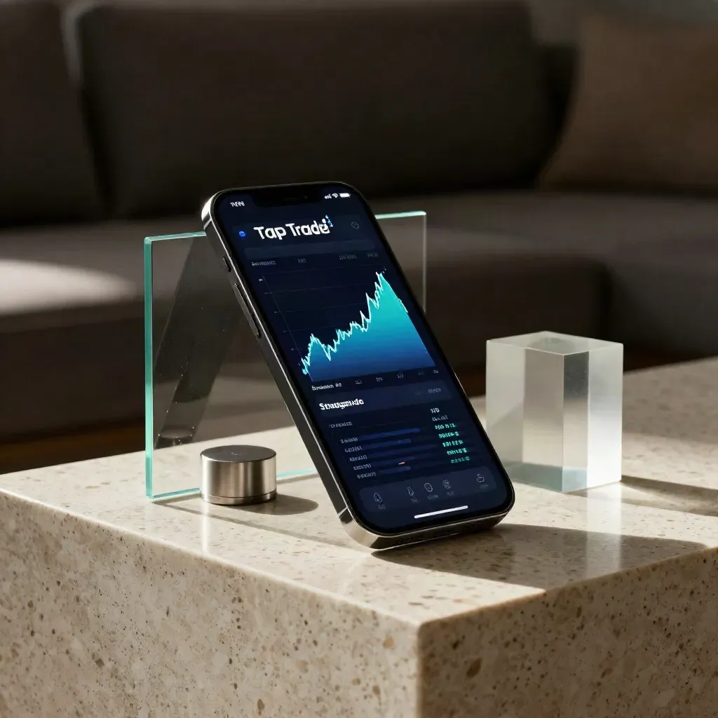 Smartphone with glowing trading charts on travertine beside glass and metal, lit in blue and mint.