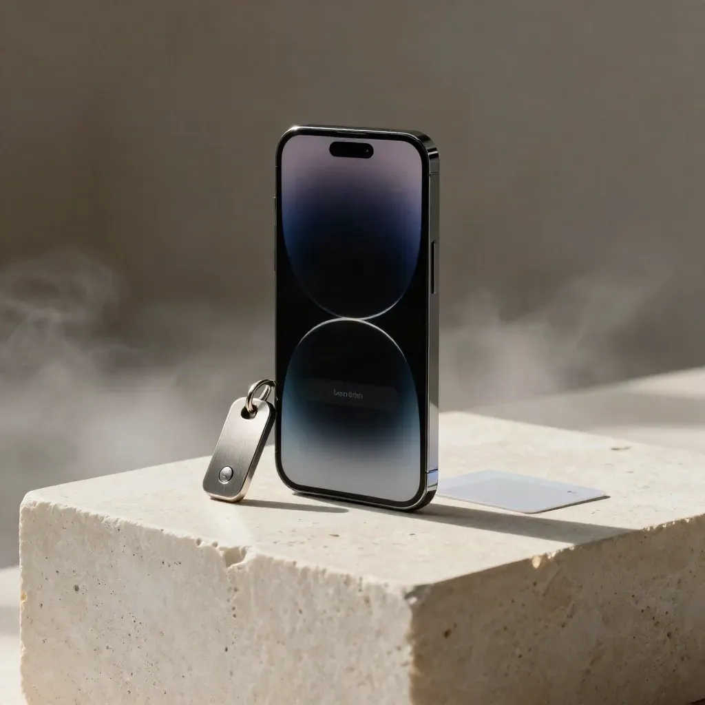 Unbranded phone on pale limestone with login glow, key token and mist.