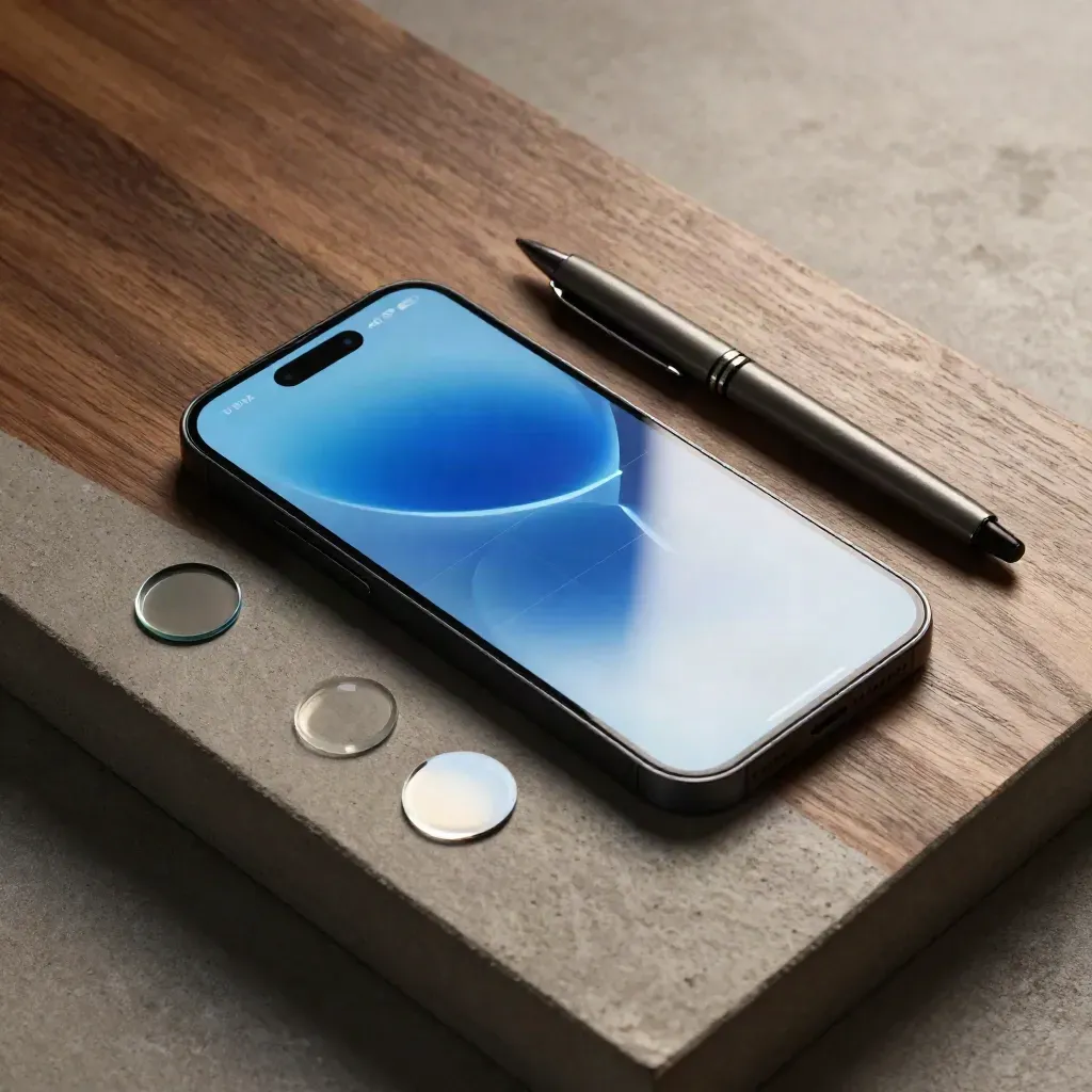 Overhead flatlay of a smartphone, bank card, pen and glass chips on warm stone.