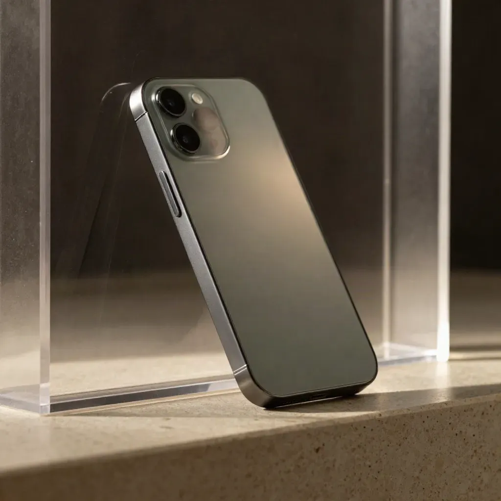 Macro of a matte smartphone in frosted acrylic with prism highlights and a chart-line glow.