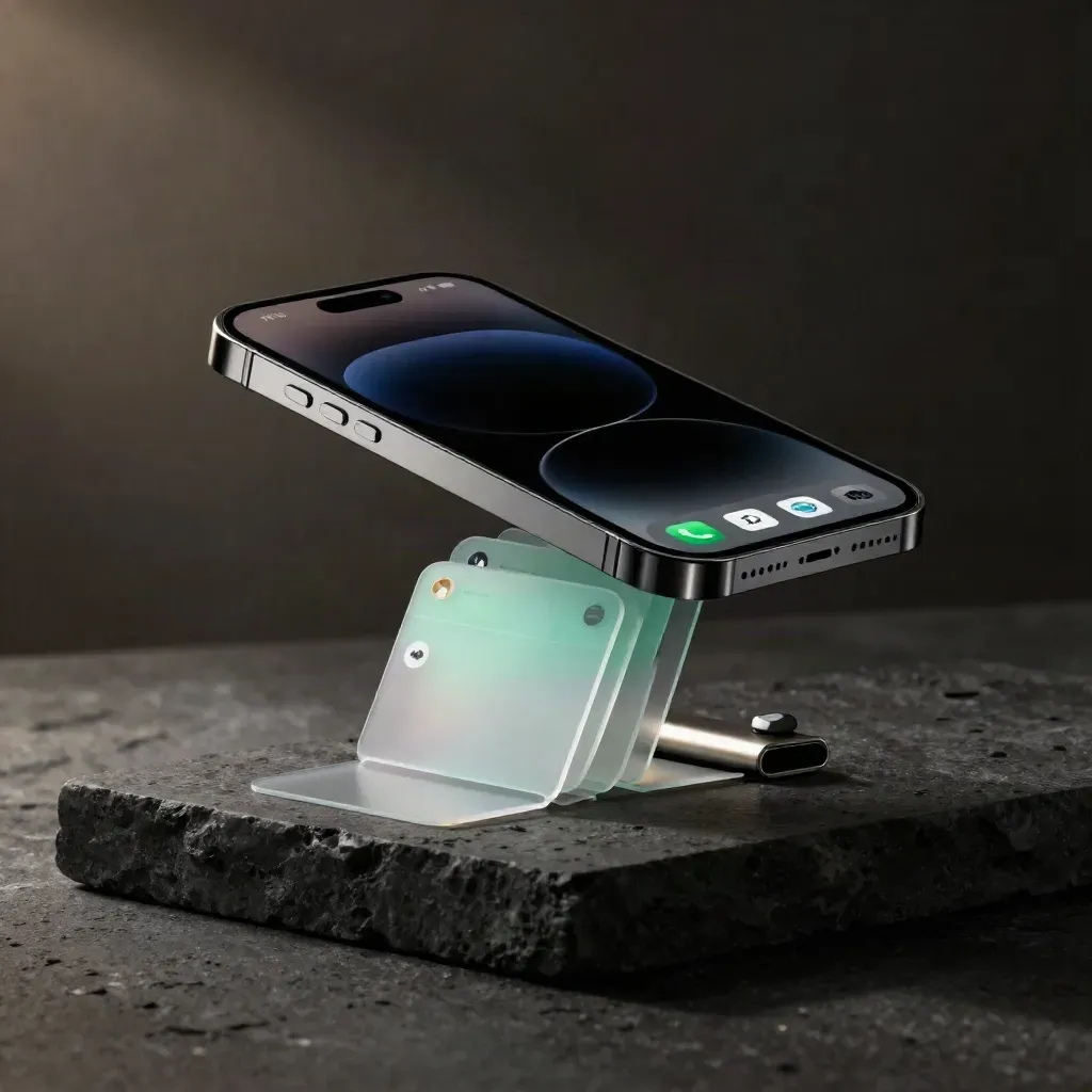 Floating smartphone building a watchlist beside pebble-like markers and a metal clip
