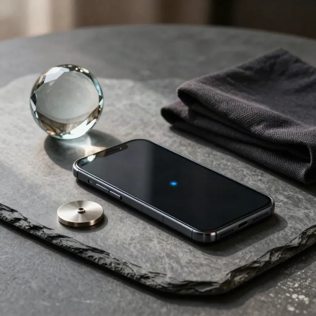 Unbranded smartphone with glass paperweight, metal token, and cloth on slate, alert glow