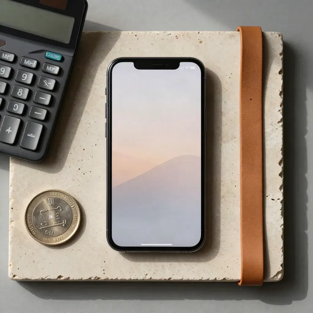 Overhead flatlay of a smartphone, calculator block, steel coin and leather strip on warm stone.