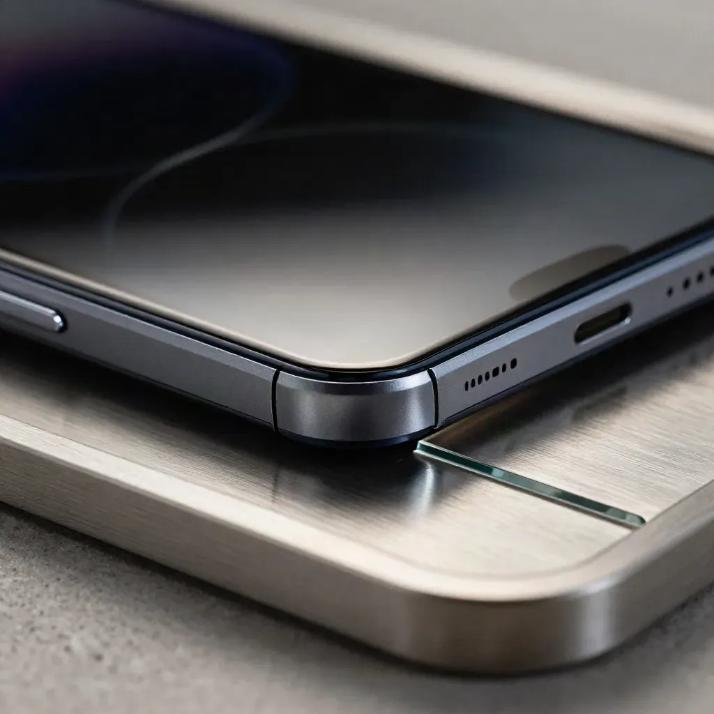 Macro of a smartphone edge beside a brushed aluminium tray and folded glass-edged wedge.