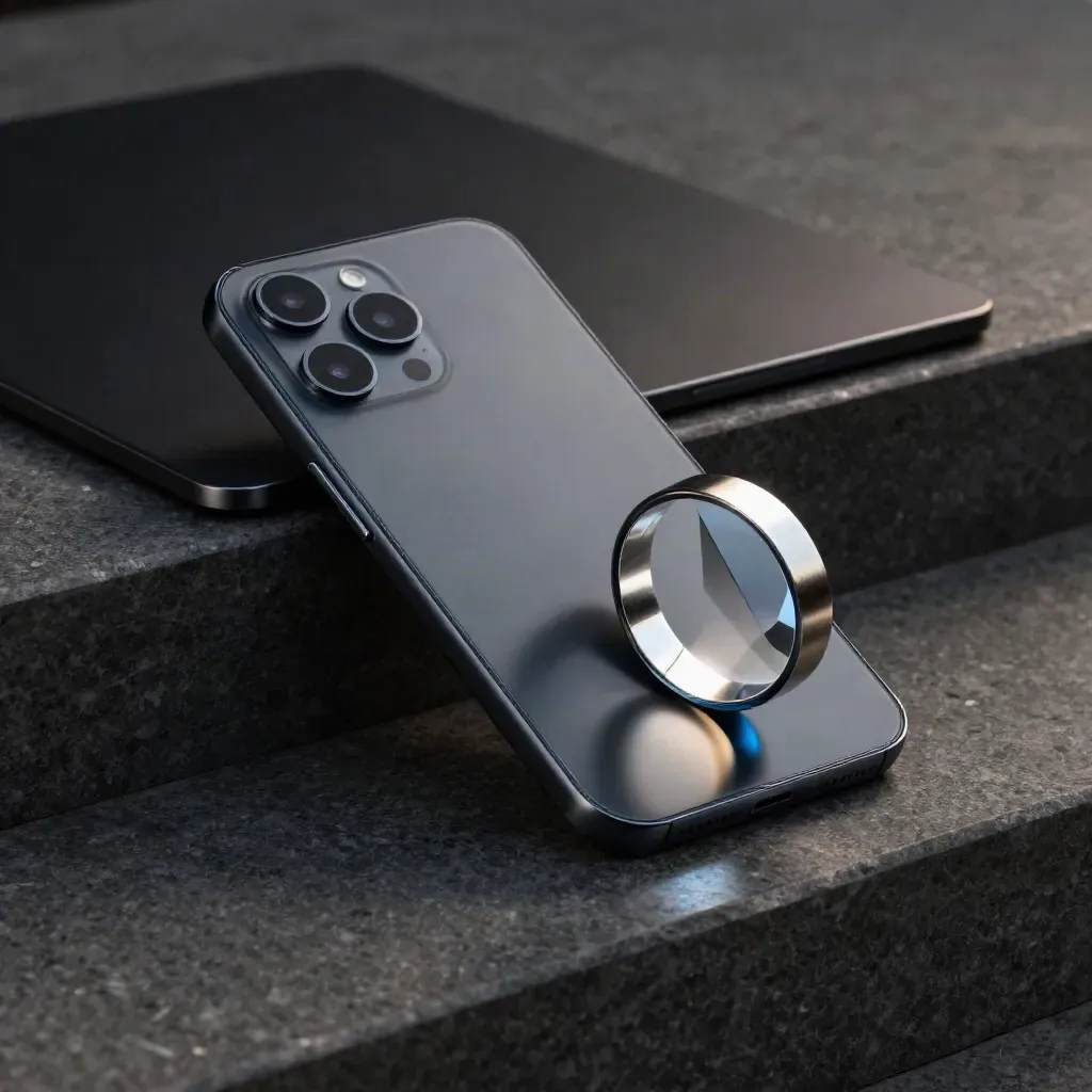 Smartphone on dark stone with steel ring and prism, lit by cool blue rim light.