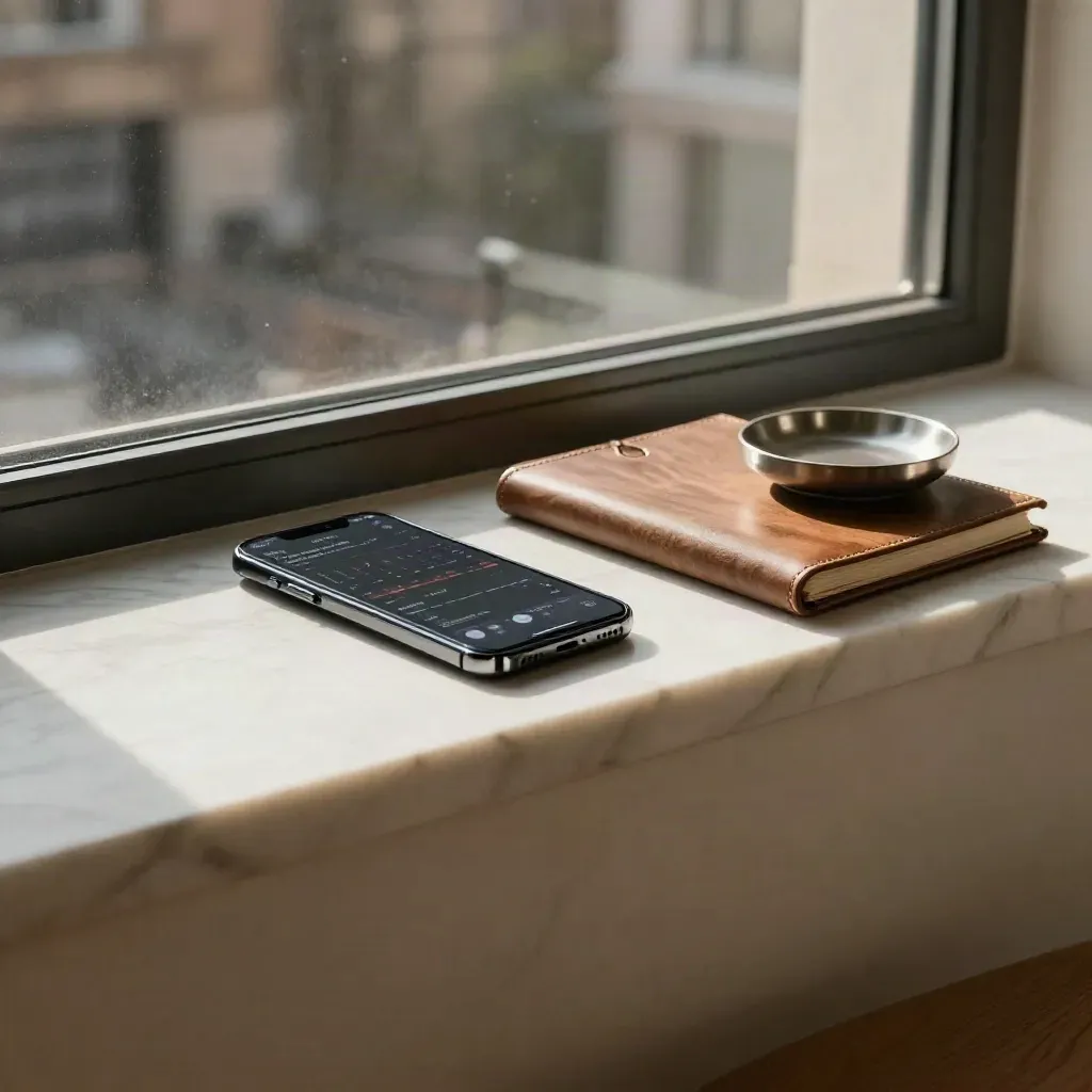 Sunlit marble ledge with phone, leather notebook and tray under soft London window light.