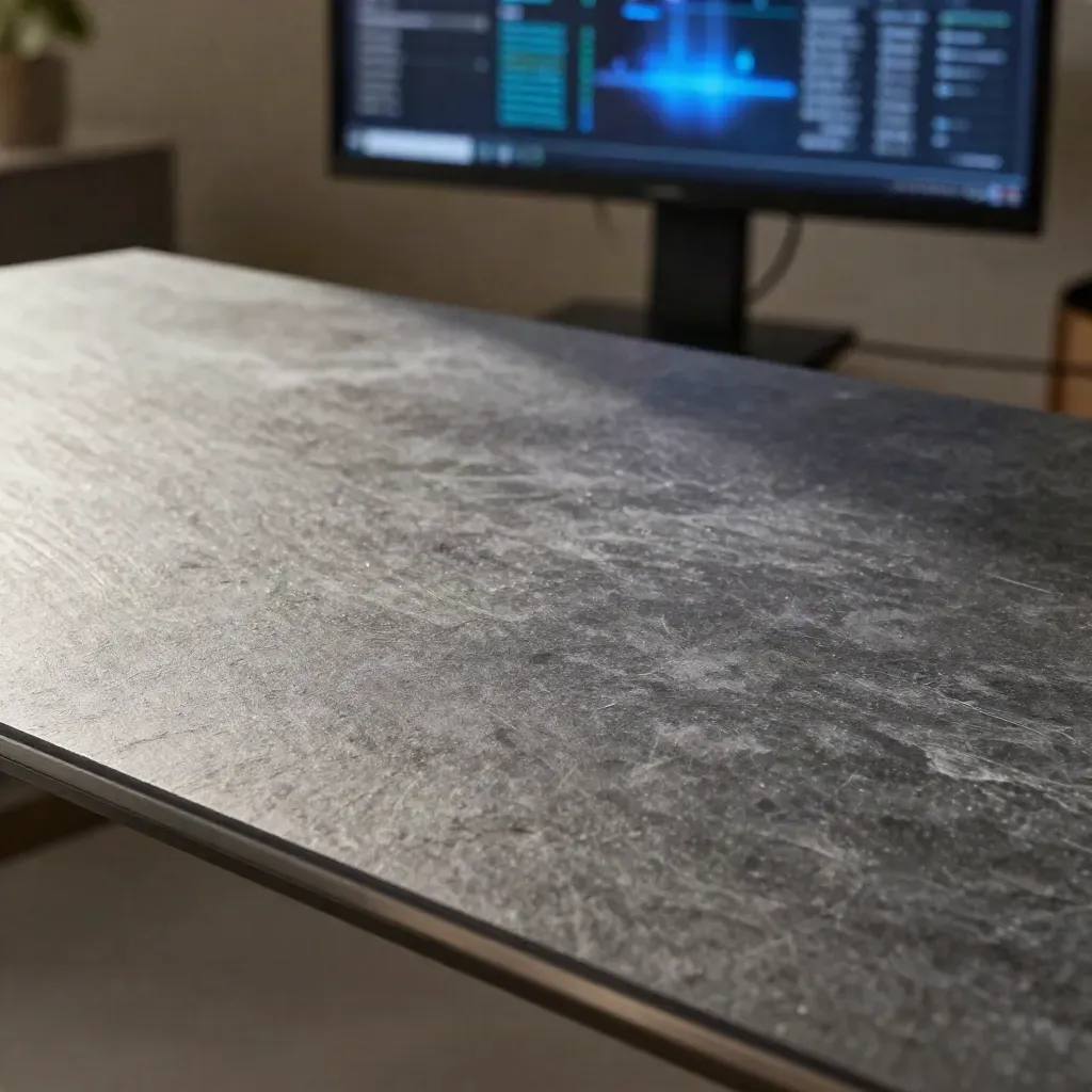 Brushed slate trading surface with chrome edge and soft blue monitor glow